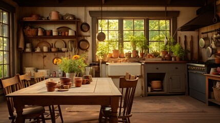 Obraz premium A rustic farmhouse kitchen with a large wooden table, vintage decor, and the aroma of a homemade pie wafting through the air. 