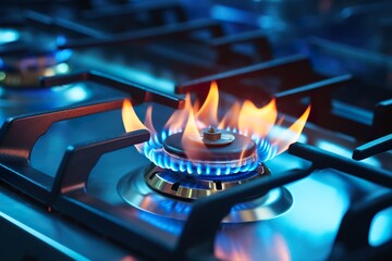 Close-up shot of blue fire from domestic kitchen stovetop. Gas cooker with burning flames of propane gas - obrazy, fototapety, plakaty