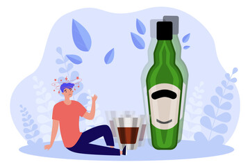 Huge bottle of alcohol and man feeling dizzy. Flat vector illustration. Shot glass, beverage. Vertigo, hangover, aftereffects of drunkenness concept