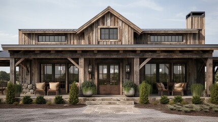 Fototapeta na wymiar A rustic farmhouse facade with a charming front porch, barn-style doors, and a weathered wood exterior for a cozy and timeless appeal