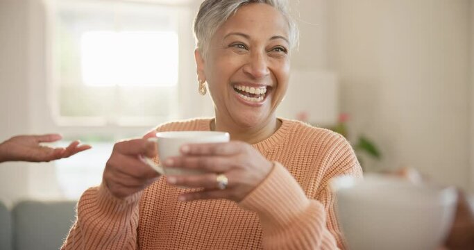 Happy woman, smile and coffee for cheers in home for celebration with friend for health, wellness and diagnosis. Indian person, mature and excited expression on face with hot beverage in living room