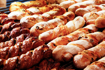 Bread twisted into bars, arranged in a row.