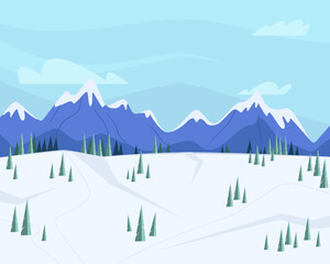 Snowy mountains and fir trees vector illustration set. Winter, hills, snow. Nature, weather concept