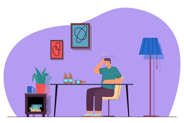 Man sitting at home and feeling dizzy after party. Flat vector illustration. Bottles with alcohol on table. Vertigo, hangover, aftereffects of drunkenness concept