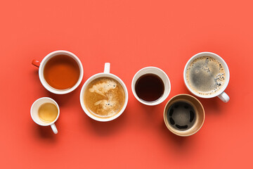 Many cups of hot coffee on red background