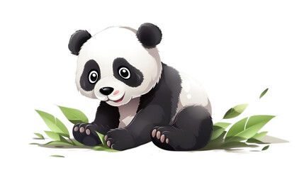 Illustration panda sitting on transparent background, eating bamboo. 