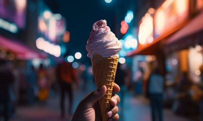 Fototapeta na wymiar hand hold Melting ice cream cone on street food at night, Generative AI