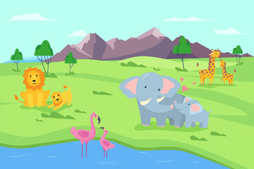 Obraz na płótnie Canvas Animals cartoon vector illustration. Lions, elephants, giraffes and flamingos. Nature, wildlife concept
