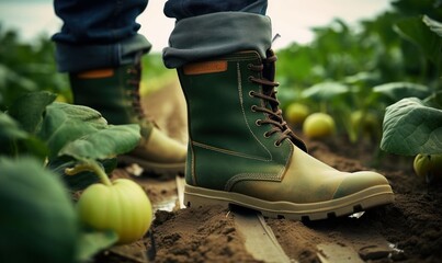 close-up of a farmer's feet in rubber boots in field plants, Generative AI