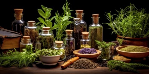 Medicinal herbs and tinctures alternative medicine on table with leaves, Generative AI