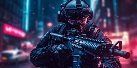 a special forces soldier police a with high technology gun and weapon working in night city, Generative AI - obrazy, fototapety, plakaty