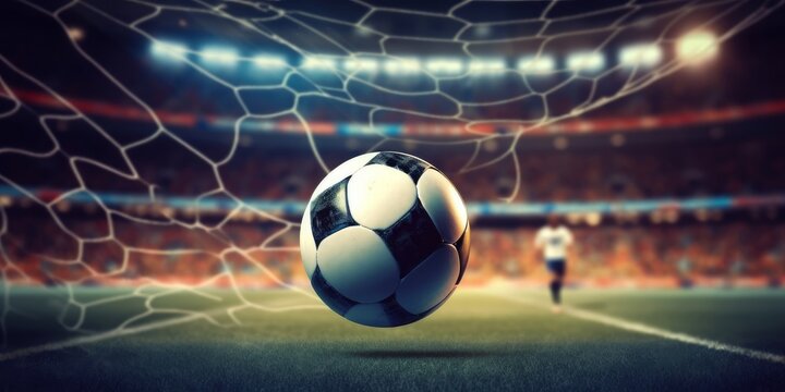 Soccer ball flew into net of the goal. Soccer ball bends the net inside soccer stadium, Generative AI