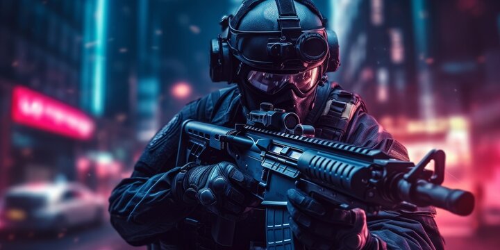 a special forces soldier police a with high technology gun and weapon working in night city, Generative AI