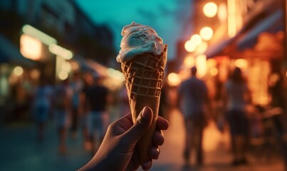 Fototapeta na wymiar hand hold Melting ice cream cone on street food at night, Generative AI