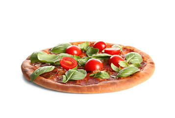 Delicious Pepperoni pizza with tomatoes and basil on white background