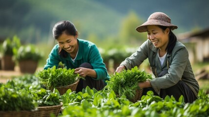 Vietnamese tea farmers - obrazy, fototapety, plakaty