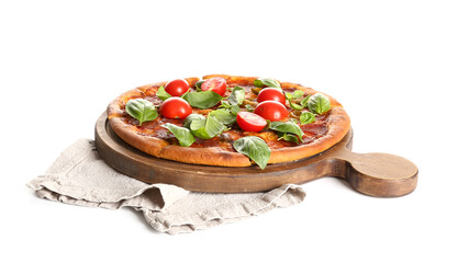 Wooden board of delicious Pepperoni pizza with tomatoes and basil isolated on white background