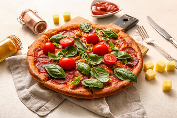 Wooden board of tasty Pepperoni pizza with tomatoes and basil on white background