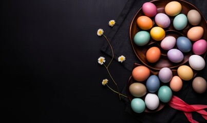top view eggs ester colorful painted on black and dark background with copy space, Generative AI