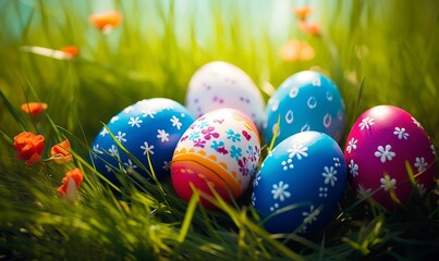 Fototapeta na wymiar painted eggs on grass background in ester day, Generative AI