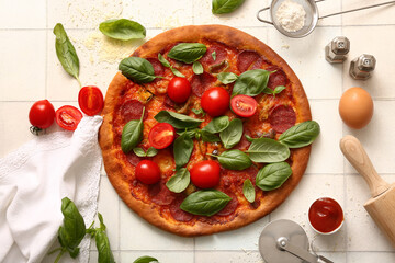Delicious Pepperoni pizza with tomatoes and basil on white tile background
