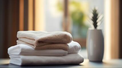 Pile of towel on bathtub, spa concept, Generative AI