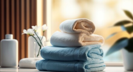 Pile of towel on bathtub, spa concept, Generative AI - obrazy, fototapety, plakaty
