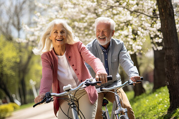 happy senior couple riding bicycle in the park