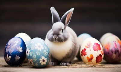 Fototapeta na wymiar painted eggs with bunny rabbit in ester day, Generative AI