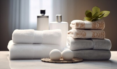 Pile of towel on bathtub, spa concept, Generative AI