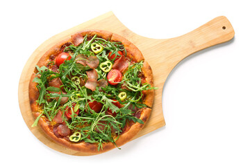 Wooden board of tasty pizza with tomatoes and arugula on white background