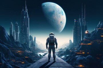 futuristic astronaut standing on the moon with new town, Generative AI © Planetary Artist