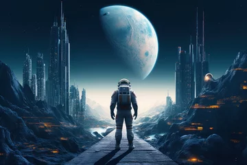 Fotobehang futuristic astronaut standing on the moon with new town, Generative AI © Planetary Artist