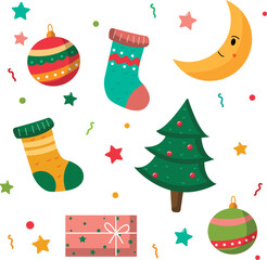 vector set of christmas tree, winter socks, christmas balls and christmas gifts. Can be used for printable stickers