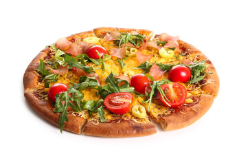 Delicious pizza with tomatoes and arugula on white background