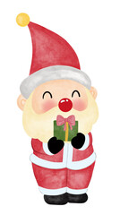 cartoon santa claus holding a gift box giving away at christmas festival.