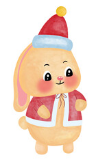 A cartoon rabbit standing in a red shirt and red hat.