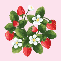 strawberry branch illustration with leaves and flowers, red strawberry, green leaves, and white flowers.