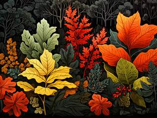 Autumn leaves seamless pattern. Colorful foliage on black background.