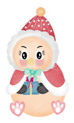 The bird wears a red robe and holds a blue gift box.