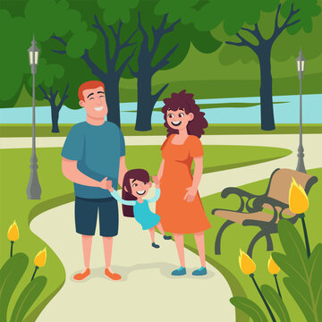 Couple with child walking in green park vector illustration. Family having time together. Family concept