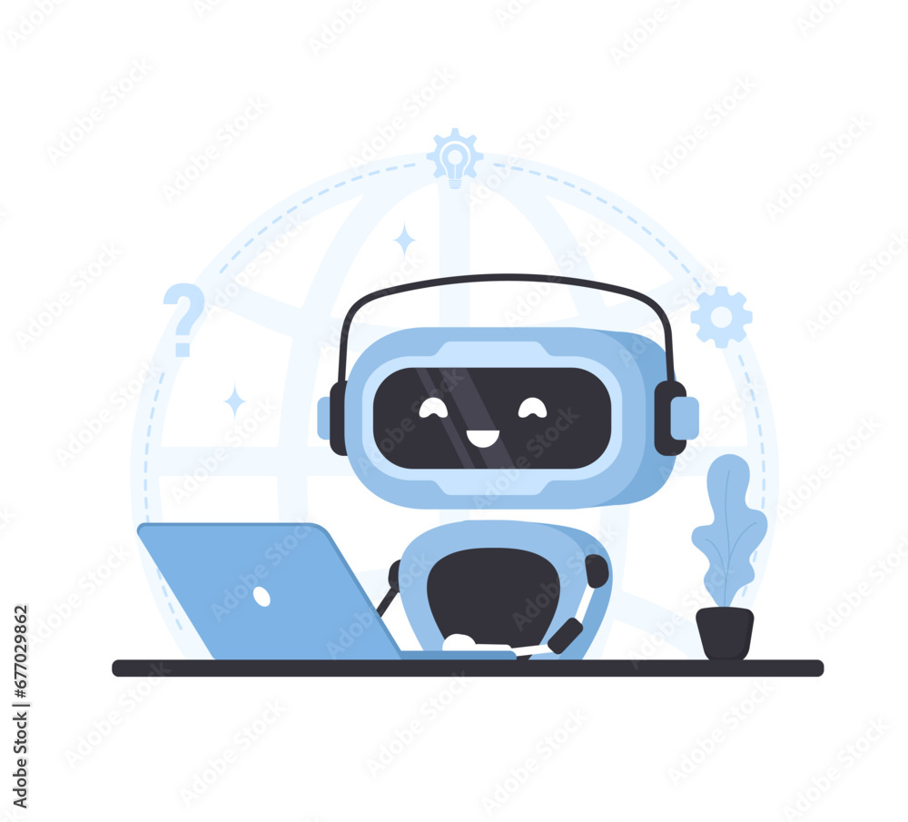 Poster robot chatbot with laptop. ai business assistant. online customer support and faq. artificial intell