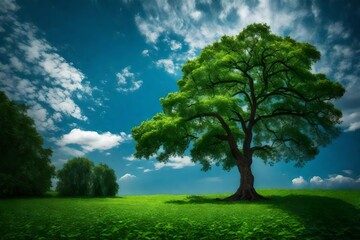 Fototapeta na wymiar blue sky and a tree with green leaves