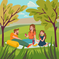 Obraz na płótnie Canvas Family having picnic outdoors. Vector illustration. Cartoon characters of man, woman and girl spending time together. Family, nature concept