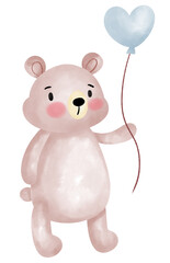 Cartoon bear standing holding a blue heart-shaped balloon On the day of love.