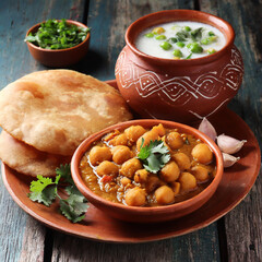 Chole Bhature or Chick pea curry and Fried Puri served in terracotta crockery over white background - obrazy, fototapety, plakaty