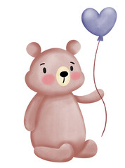Obraz na płótnie Canvas Cartoon bear sitting holding a blue balloon.