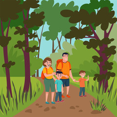 Colourful cartoon illustration of family spending time together. Couple with two children walking in forest. Family, nature concept