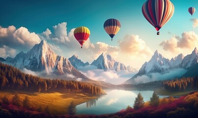 colorful hot air balloons fly in sky beautiful mountain landscape, Generative AI