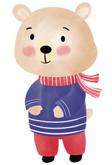 Cartoon bear wearing a blue sweater and red pants With a scarf for the coming winter.